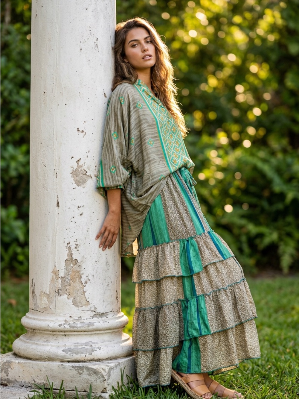 Silk 2 piece Tiered Palazzo pants and top in Green and taupe